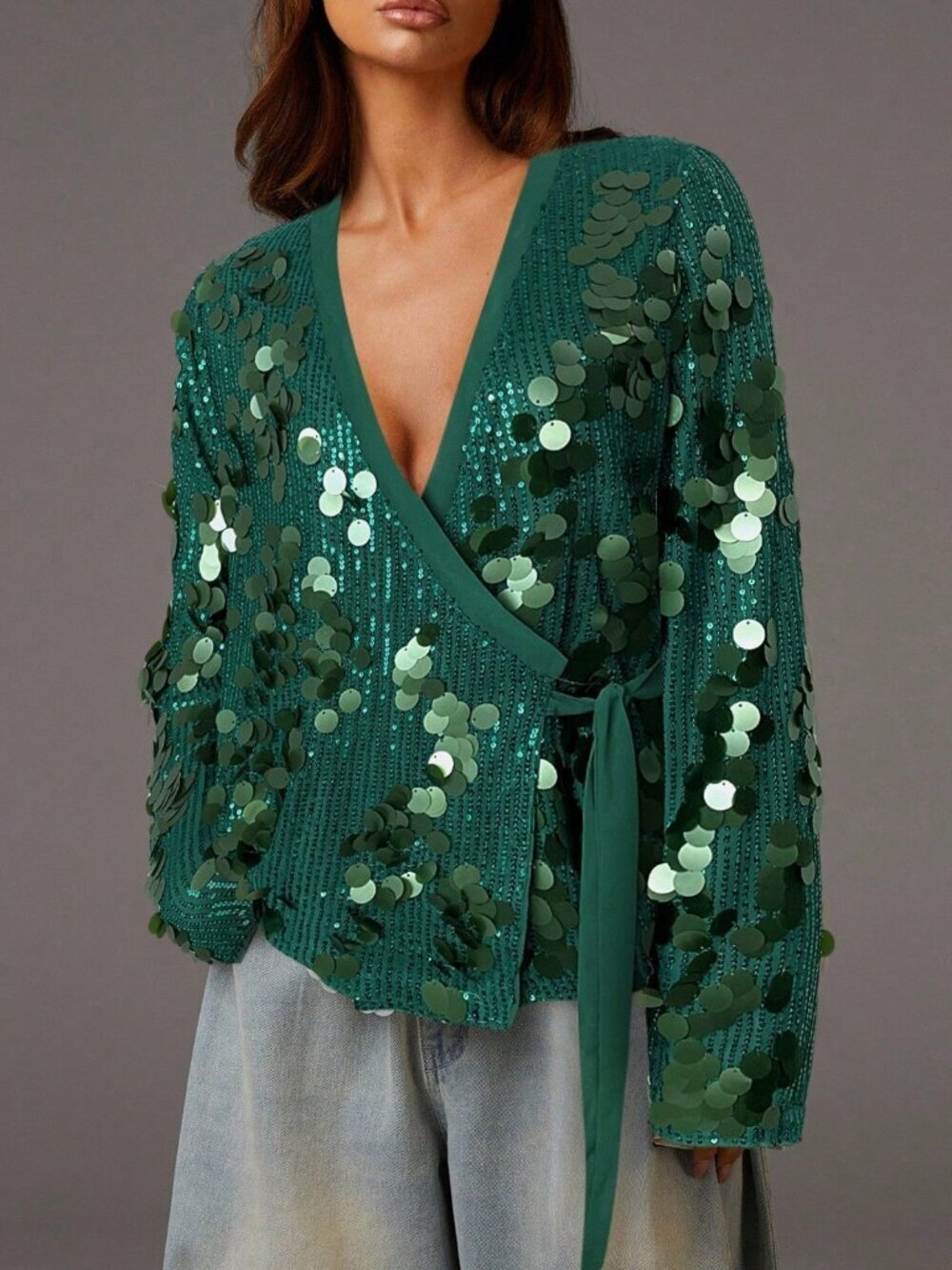 Dark Green Casual Women's Party Surplice Neck Knot Side Blouse